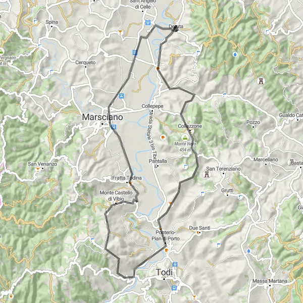 Miniatura della mappa di ispirazione al ciclismo "Il Giro delle Colline Umbre" nella regione di Umbria, Italy. Generata da Tarmacs.app, pianificatore di rotte ciclistiche