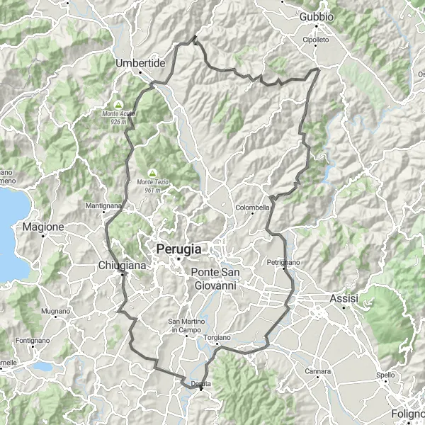 Map miniature of "Challenging Road Route near Deruta" cycling inspiration in Umbria, Italy. Generated by Tarmacs.app cycling route planner