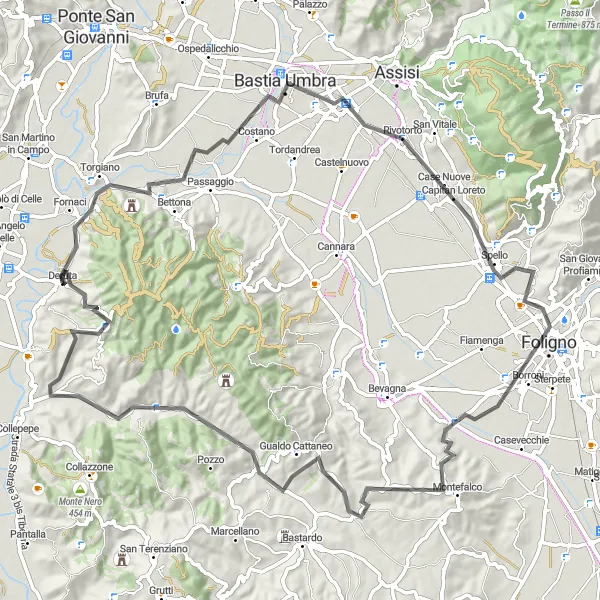 Miniatura della mappa di ispirazione al ciclismo "Tour tra i borghi umbri" nella regione di Umbria, Italy. Generata da Tarmacs.app, pianificatore di rotte ciclistiche
