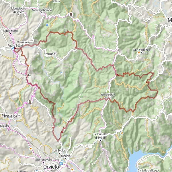 Miniatura della mappa di ispirazione al ciclismo "Giro in Gravel intorno a Fabro Scalo" nella regione di Umbria, Italy. Generata da Tarmacs.app, pianificatore di rotte ciclistiche