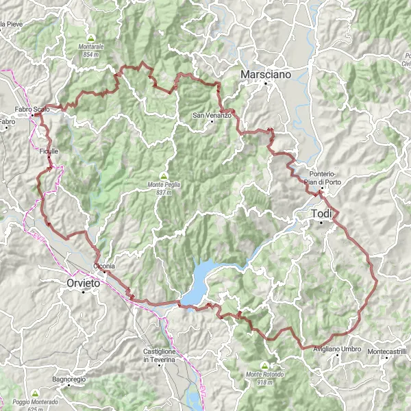 Miniatuurkaart van de fietsinspiratie "Avontuurlijke grindroute naar Monte Le Pure" in Umbria, Italy. Gemaakt door de Tarmacs.app fietsrouteplanner