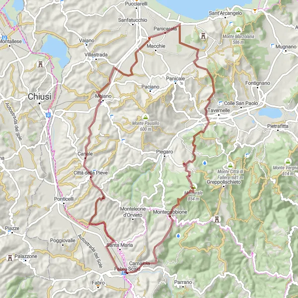 Map miniature of "The Gravel Discovery of Ancient Towns and Villages" cycling inspiration in Umbria, Italy. Generated by Tarmacs.app cycling route planner