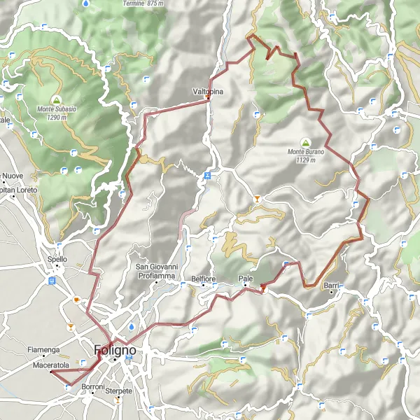 Miniatura della mappa di ispirazione al ciclismo "Foligno - Monte Pasano - Monte Faeto - Maceratola - Foligno" nella regione di Umbria, Italy. Generata da Tarmacs.app, pianificatore di rotte ciclistiche