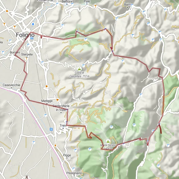Miniatura della mappa di ispirazione al ciclismo "Foligno - Monte Serrone - Trevi - Foligno" nella regione di Umbria, Italy. Generata da Tarmacs.app, pianificatore di rotte ciclistiche