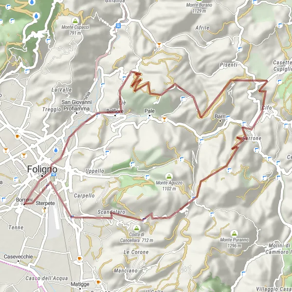 Miniatura della mappa di ispirazione al ciclismo "Giro Gravel da Foligno" nella regione di Umbria, Italy. Generata da Tarmacs.app, pianificatore di rotte ciclistiche