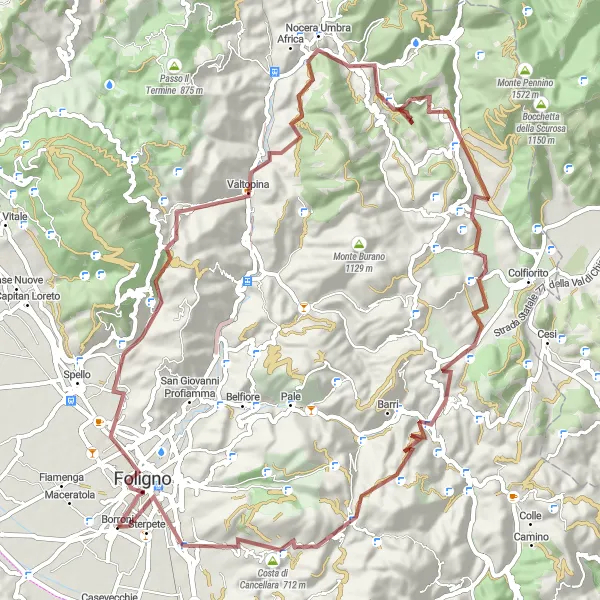 Miniatura della mappa di ispirazione al ciclismo "Giro in Gravel intorno a Foligno" nella regione di Umbria, Italy. Generata da Tarmacs.app, pianificatore di rotte ciclistiche