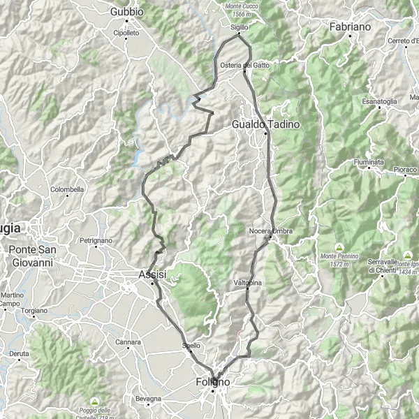 Miniatura della mappa di ispirazione al ciclismo "Foligno - Assisi - Monte Santa Cristina - Gualdo Tadino - Nocera Umbra - Foligno" nella regione di Umbria, Italy. Generata da Tarmacs.app, pianificatore di rotte ciclistiche