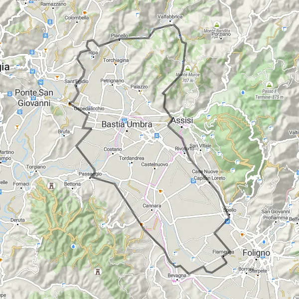 Miniatura della mappa di ispirazione al ciclismo "Verso Assisi in Bicicletta" nella regione di Umbria, Italy. Generata da Tarmacs.app, pianificatore di rotte ciclistiche
