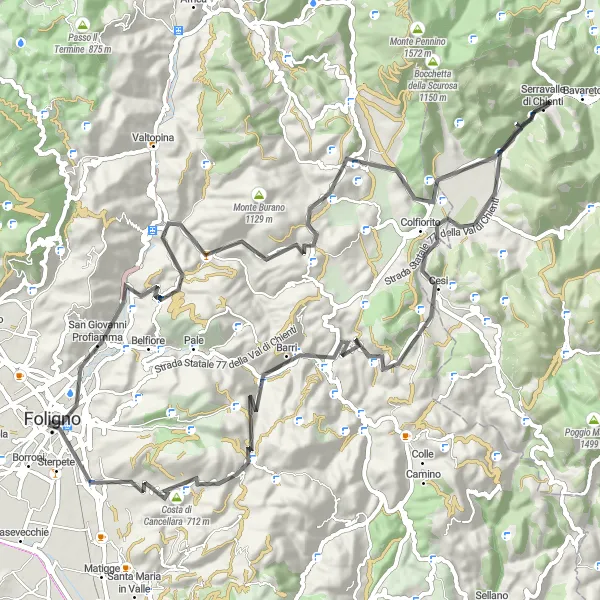 Miniatura della mappa di ispirazione al ciclismo "Foligno - Giro del Monte" nella regione di Umbria, Italy. Generata da Tarmacs.app, pianificatore di rotte ciclistiche