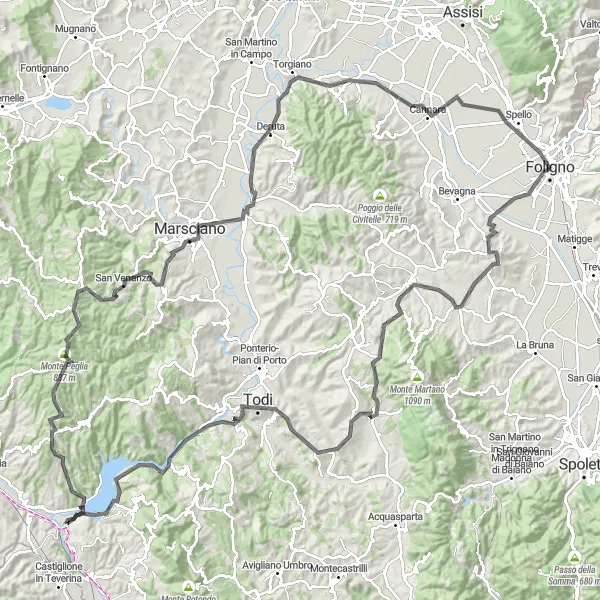Miniatura della mappa di ispirazione al ciclismo "Foligno - Montefalco - Todi - Lago di Corbara - Marsciano - Foligno" nella regione di Umbria, Italy. Generata da Tarmacs.app, pianificatore di rotte ciclistiche
