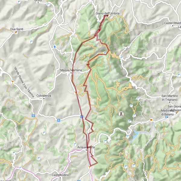 Map miniature of "Giano dell'Umbria and Beyond" cycling inspiration in Umbria, Italy. Generated by Tarmacs.app cycling route planner