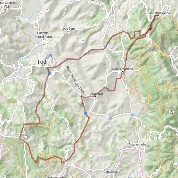 Miniatura della mappa di ispirazione al ciclismo "Avventura nei Verdi Colline Umbre" nella regione di Umbria, Italy. Generata da Tarmacs.app, pianificatore di rotte ciclistiche