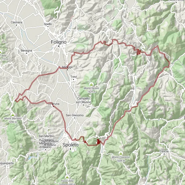 Miniatura della mappa di ispirazione al ciclismo "Uphill challenge: Giano - Vallo di Nera - Eremo" nella regione di Umbria, Italy. Generata da Tarmacs.app, pianificatore di rotte ciclistiche