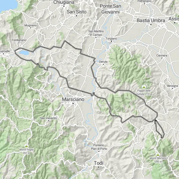 Map miniature of "The Hills of Giano" cycling inspiration in Umbria, Italy. Generated by Tarmacs.app cycling route planner