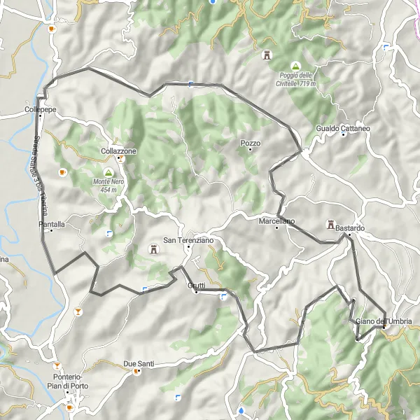 Miniatura della mappa di ispirazione al ciclismo "Rural paths around Giano" nella regione di Umbria, Italy. Generata da Tarmacs.app, pianificatore di rotte ciclistiche