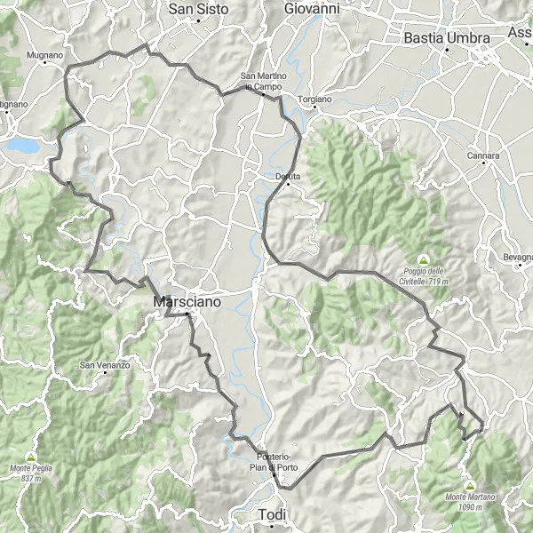 Map miniature of "Umbrian Adventure" cycling inspiration in Umbria, Italy. Generated by Tarmacs.app cycling route planner