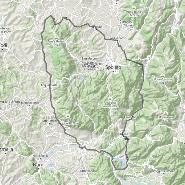 Map miniature of "Cascades and Valleys" cycling inspiration in Umbria, Italy. Generated by Tarmacs.app cycling route planner