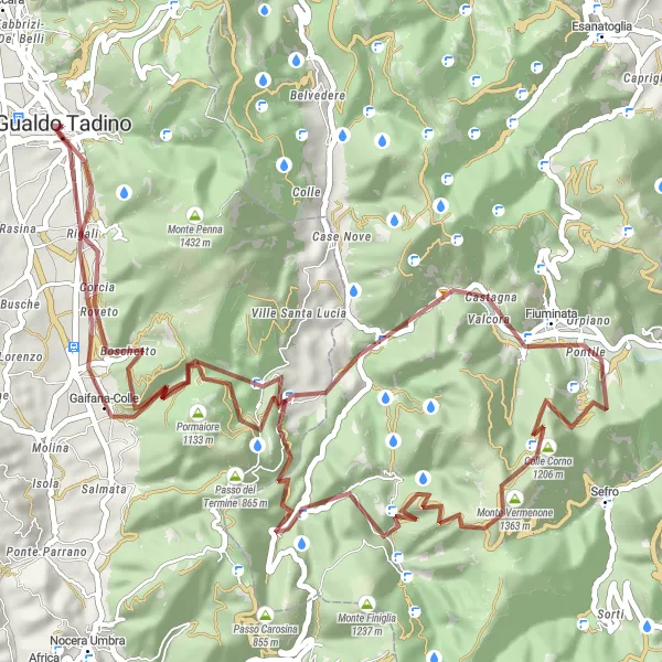 Map miniature of "Gravel Route around Gualdo Tadino" cycling inspiration in Umbria, Italy. Generated by Tarmacs.app cycling route planner