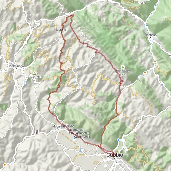 Miniatura della mappa di ispirazione al ciclismo "Short Gravel Ride tra Gubbio e Montebello" nella regione di Umbria, Italy. Generata da Tarmacs.app, pianificatore di rotte ciclistiche