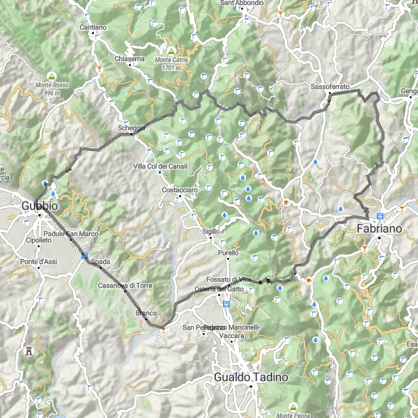 Map miniature of "Gubbio to Monte D'Ansciano Road Cycling Route" cycling inspiration in Umbria, Italy. Generated by Tarmacs.app cycling route planner