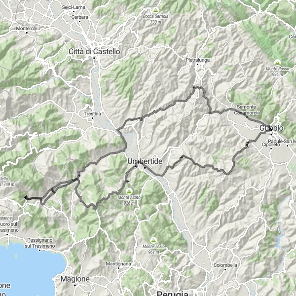 Map miniature of "Ultimate Gubbio to Teatro Romano Road Cycling Route" cycling inspiration in Umbria, Italy. Generated by Tarmacs.app cycling route planner