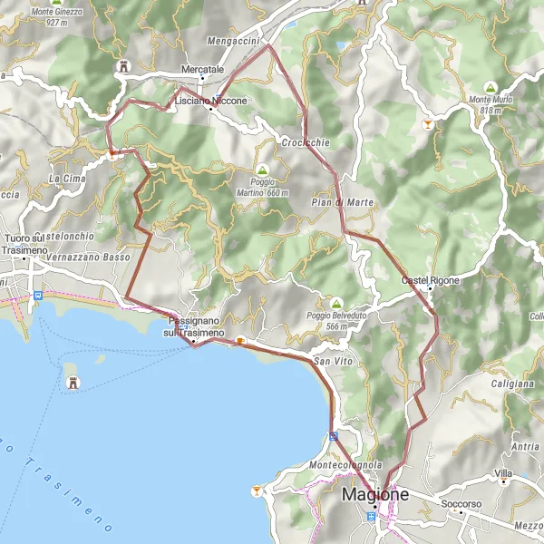 Miniatura della mappa di ispirazione al ciclismo "Percorso gravel da Magione a Monte Castiglione" nella regione di Umbria, Italy. Generata da Tarmacs.app, pianificatore di rotte ciclistiche