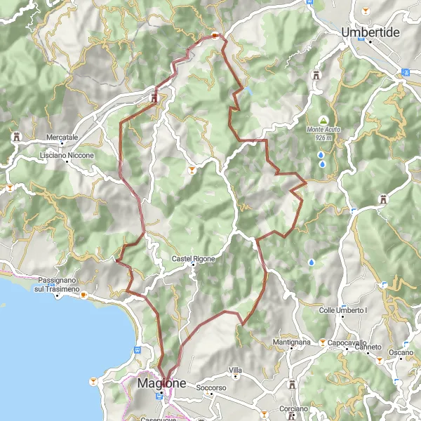 Miniatura della mappa di ispirazione al ciclismo "Rotta gravel da Magione al Monte Murlo" nella regione di Umbria, Italy. Generata da Tarmacs.app, pianificatore di rotte ciclistiche