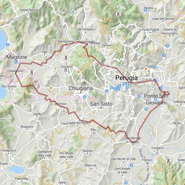 Map miniature of "Gravel Adventure and River Views" cycling inspiration in Umbria, Italy. Generated by Tarmacs.app cycling route planner