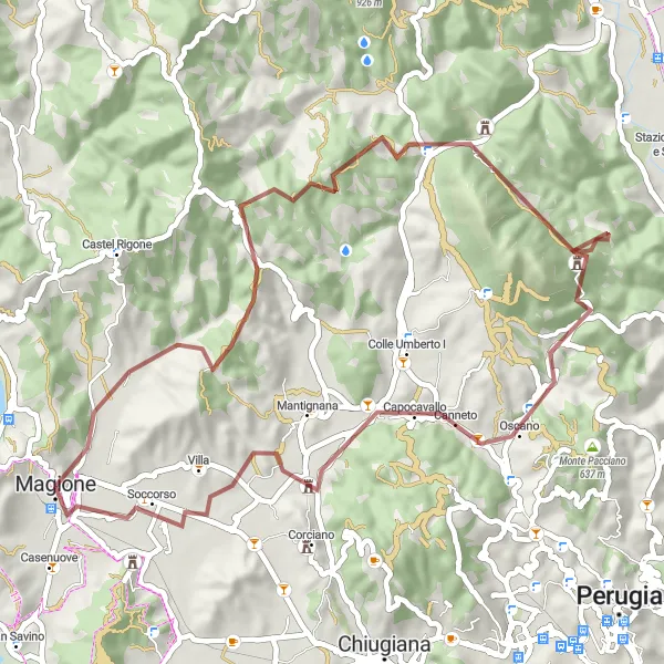 Miniatura della mappa di ispirazione al ciclismo "Sulle tracce di Magione e dintorni" nella regione di Umbria, Italy. Generata da Tarmacs.app, pianificatore di rotte ciclistiche