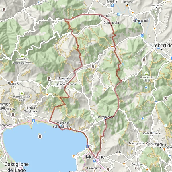 Map miniature of "Trasimeno Lake Adventure Gravel Route" cycling inspiration in Umbria, Italy. Generated by Tarmacs.app cycling route planner