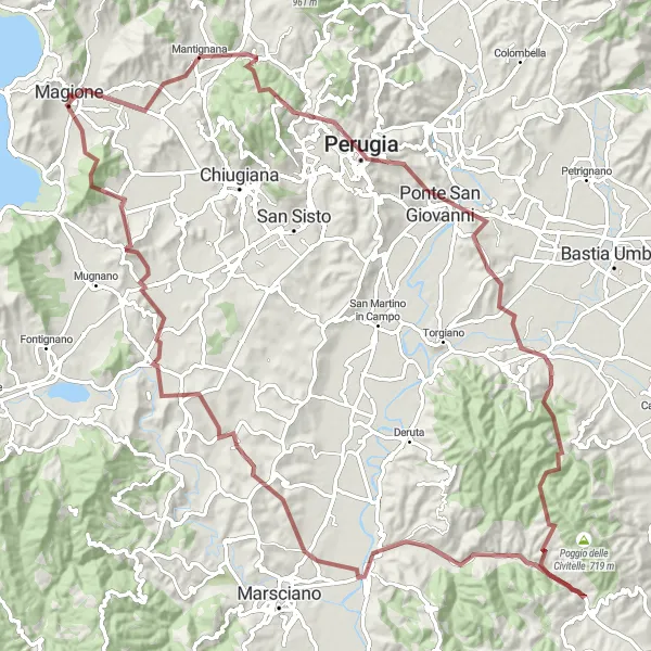 Miniatura della mappa di ispirazione al ciclismo "Tour delle Colline Umbre" nella regione di Umbria, Italy. Generata da Tarmacs.app, pianificatore di rotte ciclistiche