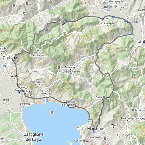 Miniatura della mappa di ispirazione al ciclismo "Giro dei Colli Umbri" nella regione di Umbria, Italy. Generata da Tarmacs.app, pianificatore di rotte ciclistiche