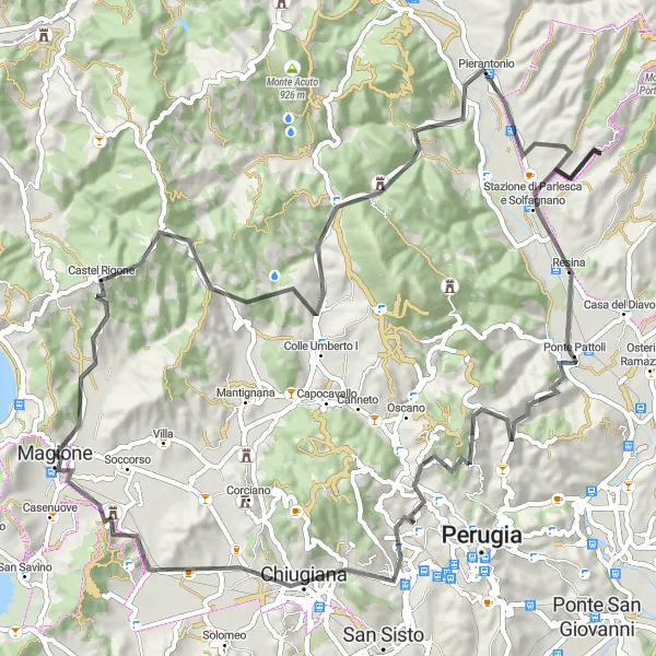 Miniatura della mappa di ispirazione al ciclismo "Giro in bicicletta da Magione a Monte Gudiolo" nella regione di Umbria, Italy. Generata da Tarmacs.app, pianificatore di rotte ciclistiche