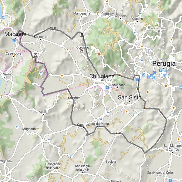 Map miniature of "Lake Views and Historic Towns" cycling inspiration in Umbria, Italy. Generated by Tarmacs.app cycling route planner