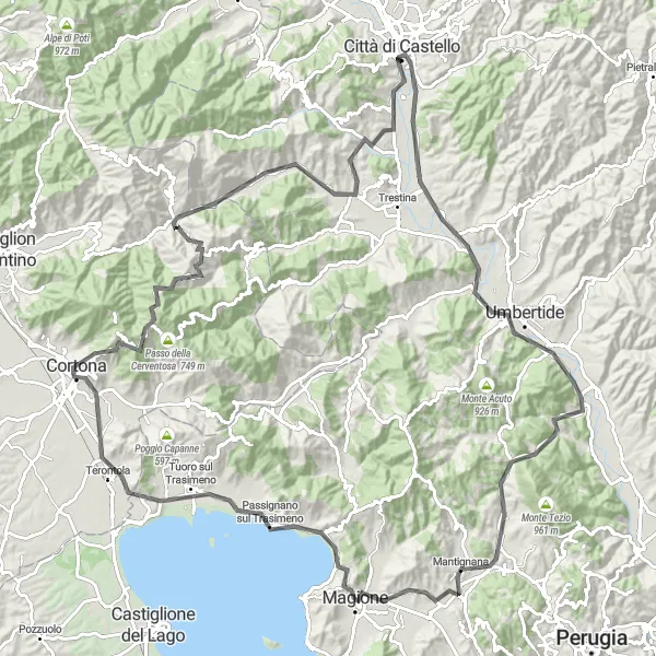 Miniatura della mappa di ispirazione al ciclismo "Alla scoperta di Castelli e Montagne" nella regione di Umbria, Italy. Generata da Tarmacs.app, pianificatore di rotte ciclistiche