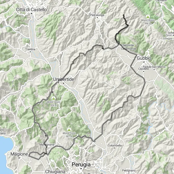Miniatura della mappa di ispirazione al ciclismo "Tour su strada da Magione a Monte Civitelle" nella regione di Umbria, Italy. Generata da Tarmacs.app, pianificatore di rotte ciclistiche