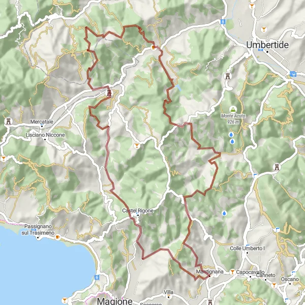 Map miniature of "Gravel Adventure" cycling inspiration in Umbria, Italy. Generated by Tarmacs.app cycling route planner