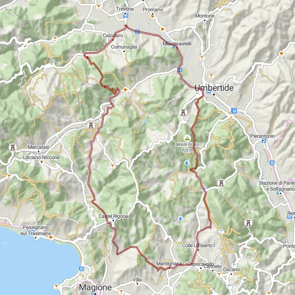 Miniatura della mappa di ispirazione al ciclismo "Colle di Censo e Castello di Reschio" nella regione di Umbria, Italy. Generata da Tarmacs.app, pianificatore di rotte ciclistiche