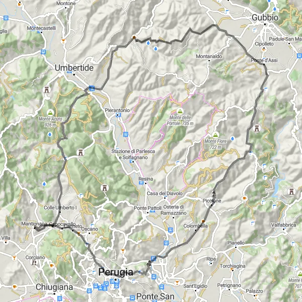 Map miniature of "Hills and Heritage" cycling inspiration in Umbria, Italy. Generated by Tarmacs.app cycling route planner
