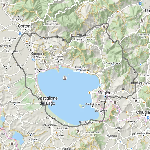 Miniatura della mappa di ispirazione al ciclismo "Ciclovia degli Ulivi" nella regione di Umbria, Italy. Generata da Tarmacs.app, pianificatore di rotte ciclistiche