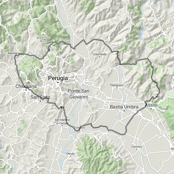 Miniatura della mappa di ispirazione al ciclismo "Circuito dell'Assisi Panorama" nella regione di Umbria, Italy. Generata da Tarmacs.app, pianificatore di rotte ciclistiche