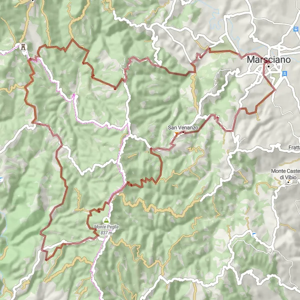 Miniatura della mappa di ispirazione al ciclismo "Avventuroso percorso in MTB nei dintorni di Marsciano" nella regione di Umbria, Italy. Generata da Tarmacs.app, pianificatore di rotte ciclistiche