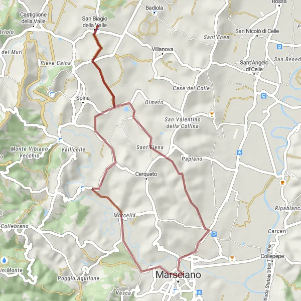 Miniatura della mappa di ispirazione al ciclismo "Percorso gravel tra Marsciano e San Biagio della Valle" nella regione di Umbria, Italy. Generata da Tarmacs.app, pianificatore di rotte ciclistiche