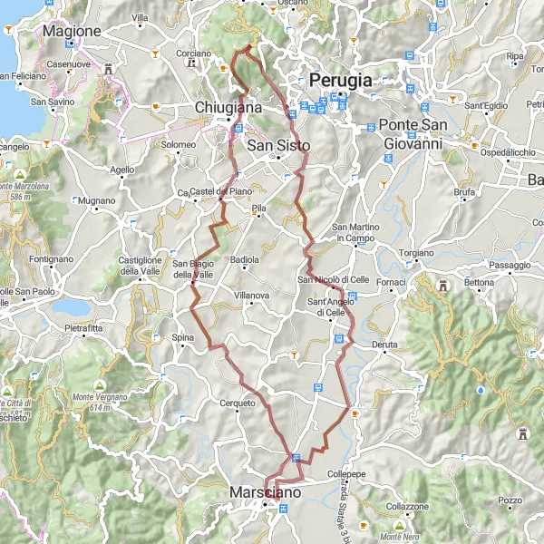 Miniatura della mappa di ispirazione al ciclismo "Giro in bicicletta gravel da Marsciano" nella regione di Umbria, Italy. Generata da Tarmacs.app, pianificatore di rotte ciclistiche
