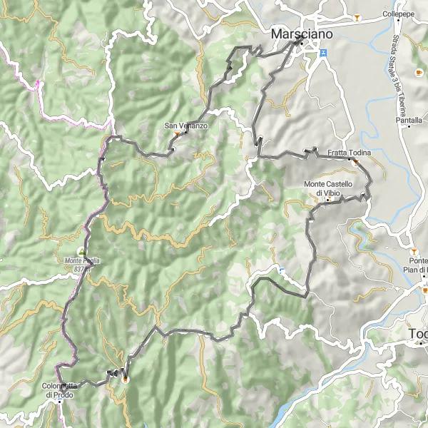 Miniatura della mappa di ispirazione al ciclismo "Giro in bicicletta da Marsciano attraverso le colline dell'Umbria" nella regione di Umbria, Italy. Generata da Tarmacs.app, pianificatore di rotte ciclistiche
