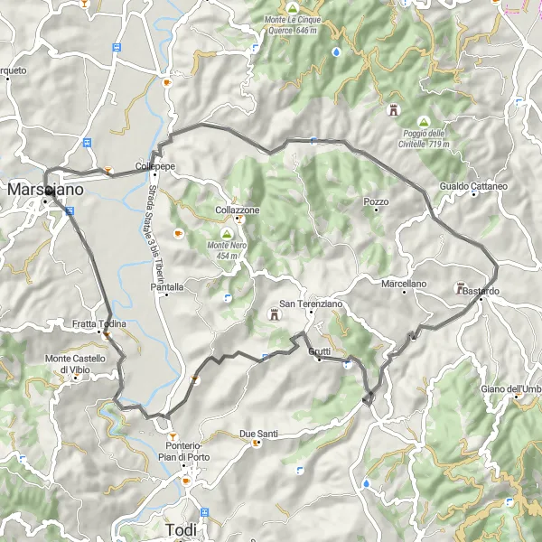 Miniatura della mappa di ispirazione al ciclismo "Percorso cicloturistico tra le colline umbre" nella regione di Umbria, Italy. Generata da Tarmacs.app, pianificatore di rotte ciclistiche