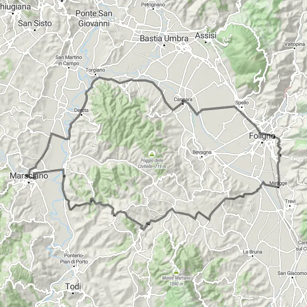 Miniatura della mappa di ispirazione al ciclismo "Giro in bici da Marsciano tra le colline umbre" nella regione di Umbria, Italy. Generata da Tarmacs.app, pianificatore di rotte ciclistiche