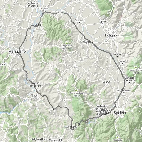 Miniatura della mappa di ispirazione al ciclismo "Rotta ciclabile stradale da Marsciano" nella regione di Umbria, Italy. Generata da Tarmacs.app, pianificatore di rotte ciclistiche