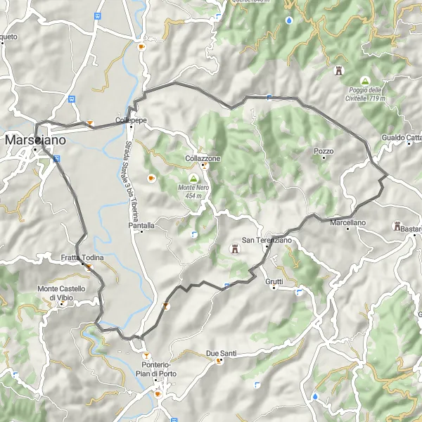 Miniatura della mappa di ispirazione al ciclismo "Giro in bicicletta su strada da Marsciano a Collepepe" nella regione di Umbria, Italy. Generata da Tarmacs.app, pianificatore di rotte ciclistiche