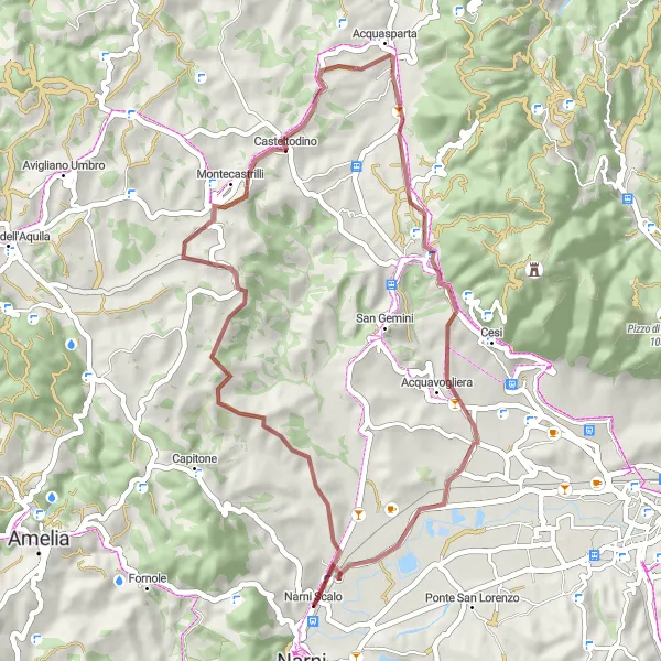 Miniatura della mappa di ispirazione al ciclismo "Giro in Gravel attraverso Vallemicero" nella regione di Umbria, Italy. Generata da Tarmacs.app, pianificatore di rotte ciclistiche